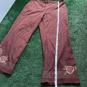 Embroidered Women's High Waisted Embroidered Wide Leg Capris Brown Trousers